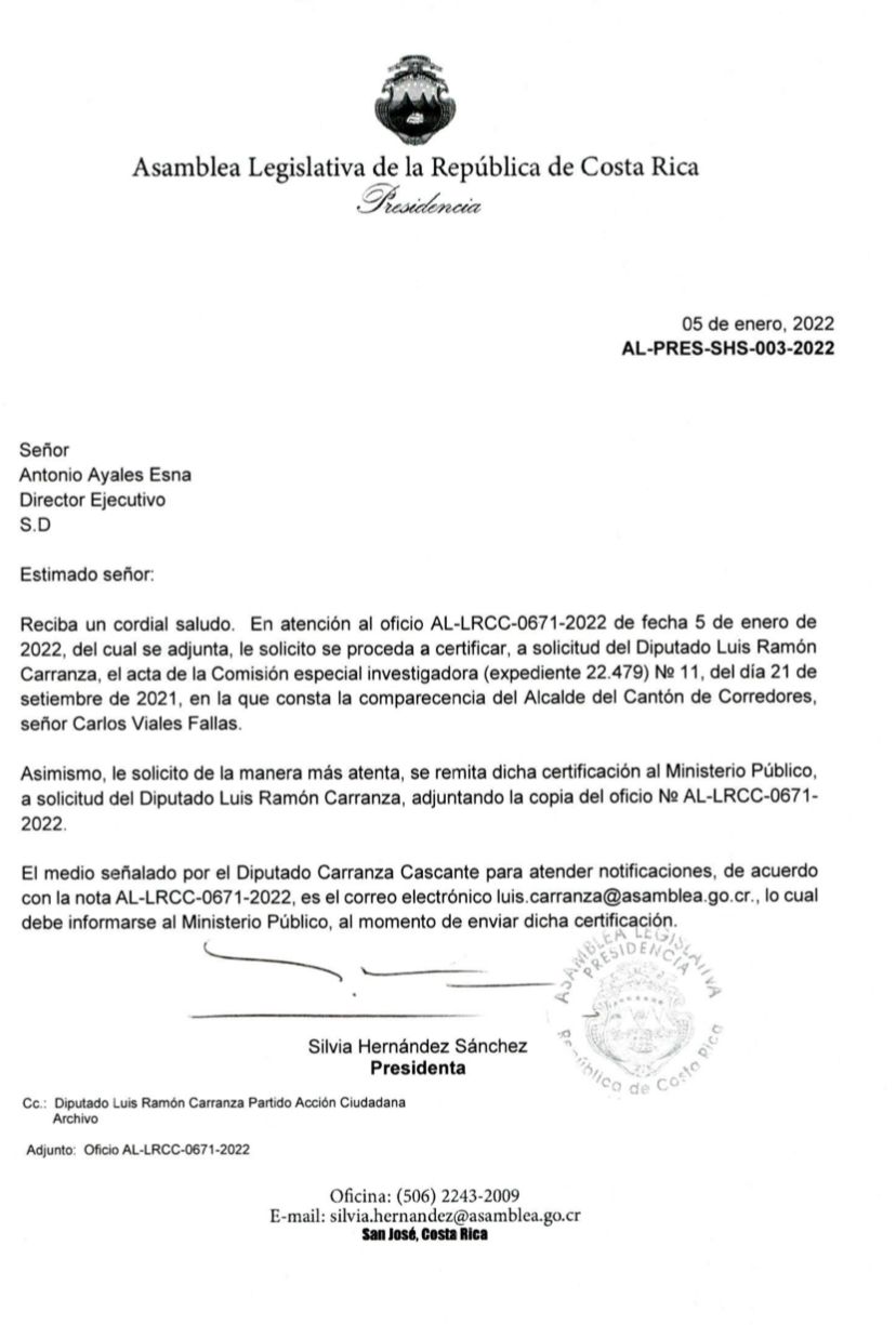 , Asamblea Legislativa enviará sin denuncia la comparecencia del investigado alcalde Carlos Viales para el Ministerio Público