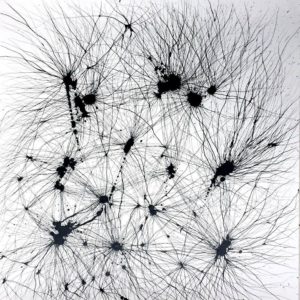 Las obras se caracterizan por construir, a partir de gotas y líneas, formas semejantes a las conexiones neuronales. 