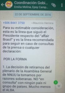 Este es parte del mensaje enviado desde el teléfono del ministro de Comunicación, Mauricio Herrera, como parte de la coordi- nación con los diputados del Partido Acción Ciudadana. 